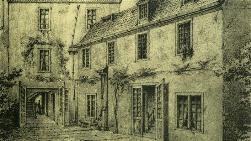 图:贝多芬故居.1889年,画家拜赛尔(r.beissel)绘铅笔素描画.